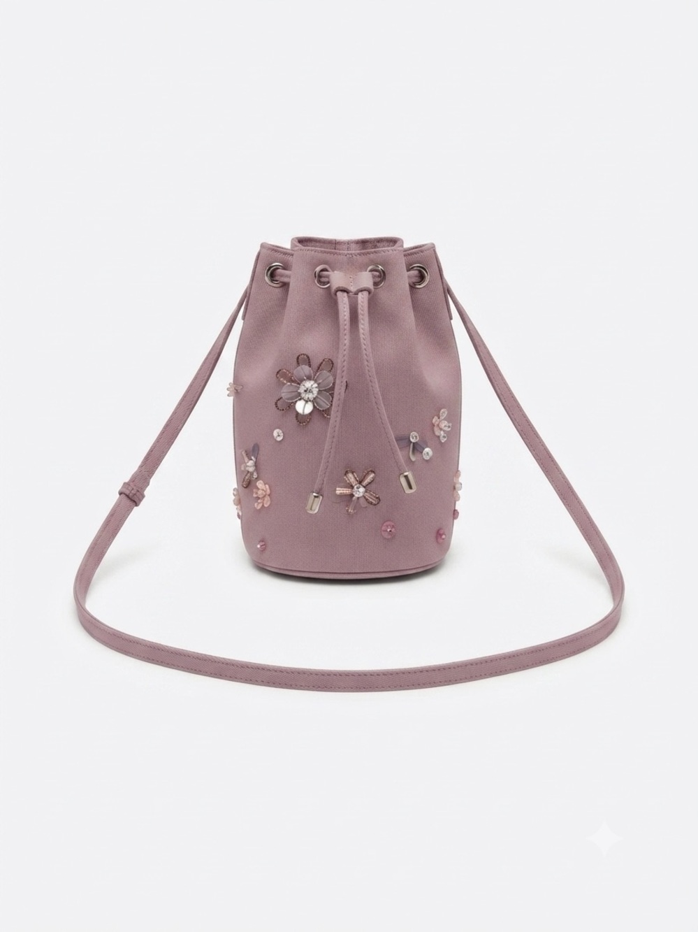 Charles & Keith Mauve Floral Embellished Mini Bucket Bag